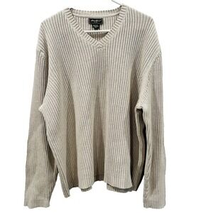 Vintage Eddie Bauer Beige V Neck Sweater Men Ribbed Knit Chunky Grandpa-XXL